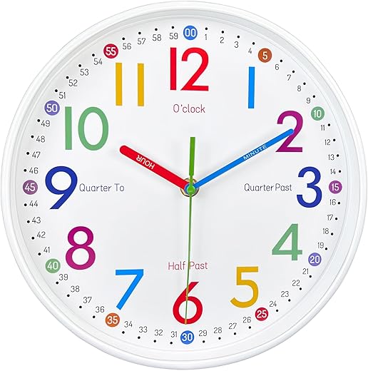 AIRUIFU Kids Wall Clock- Teaching Clock for Kids - Silent Analog Clock for Kids Room Decor, Colorful Wall Clock Helps Kids Easier to Tell Time（10 inch）