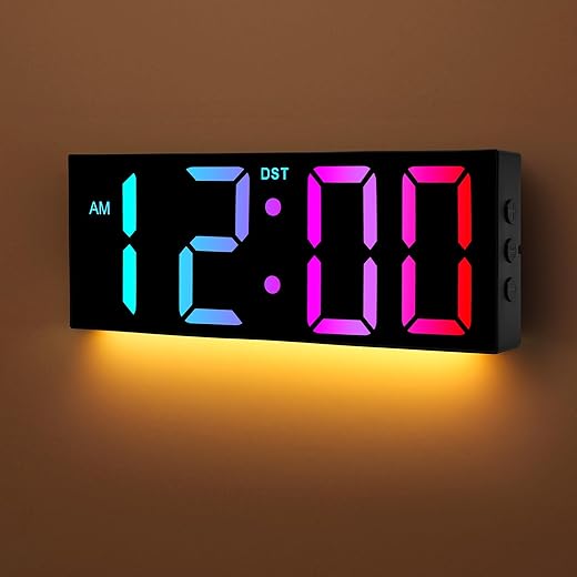 Alampan 12" Large Digital Wall Clock with Remote Control, Corded RGB LED Clock with Full Screen Display, Big Wall Clock for Classroom, Living Room, Elderly, Wall Mount Clock with DST, LED Wall Decor