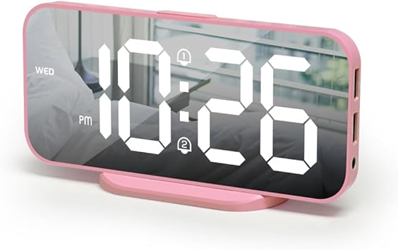 ALANAS Digital Alarm Clock with Dual Alarms, Mirror LED Bedroom Alarm Clocks for Kids, Adjustable Brightness, Snooze, 2 USB Ports for Cellphone Charging, 12/24 Hour Display. (Pink)