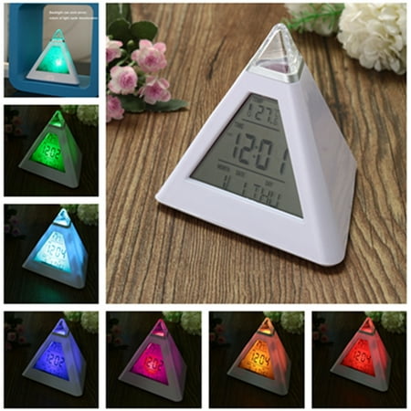 Alarm Clock, Color Changing Triangle Alarm Clock Led Night Light Clock Kids Wake Up Digital Clock Large Display Time Date Temperature For Home Office