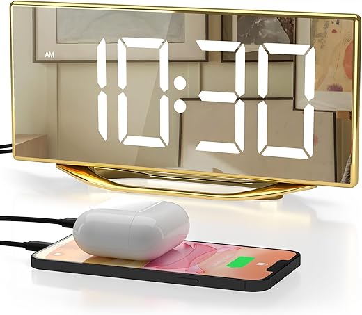 Alarm Clock for Bedroom, Modern Digital Clock for Living Room, 8.7 LED Mirror Alarm Clock with 2 USB Charger,Snooze,12/24H,7 Adjustable Dimmer & Volume Aesthetic Bedside Clock for Teens Kids Adults