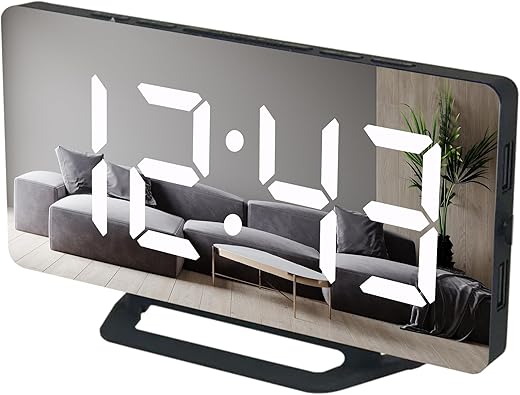 Alarm Clock for Bedrooms & Heavy Sleepers Adults or Kids - Mirror LED Digital Large Display for Desk Wall Home Living Room Office Decor with Auto Dimmer Mode Dual USB Charger Ports 12/24H (Black)