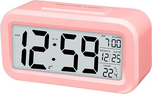 Alarm Clocks for Bedrooms,Digital Alarm Clock with LCD Screen,Snooze,12/24H,Battery Operated for Heavy Sleepers Adults Desk Travel Office-Pink