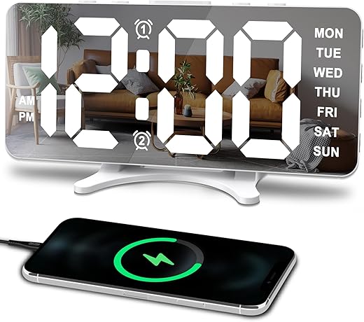 Alarm Clocks for Bedrooms, Slim LED Mirror Digital Alarm Desk Clock, Large Display with Dim Mode, Dual USB Ports, 4 Level Brightness&2 Level Volume, Modern Decoration for Office Home Living Room Decor