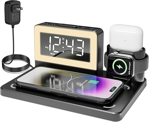 Alarm Clock with Wireless Charging,7 Color Night Light,5 In 1 Wireless Charger for Apple,Fast Wireless Charging Station for iPhone15/14/13/12/11/Pro Series,For Apple Watch,For Airpods (black)