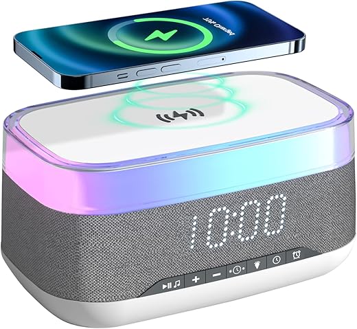 Alarm Clock with Wireless Charging, Digital Alarm Clock with Bluetooth Speaker and 7-Color Night Light, 3-Level Brightness, 12/24H Format & Adjustable Volume