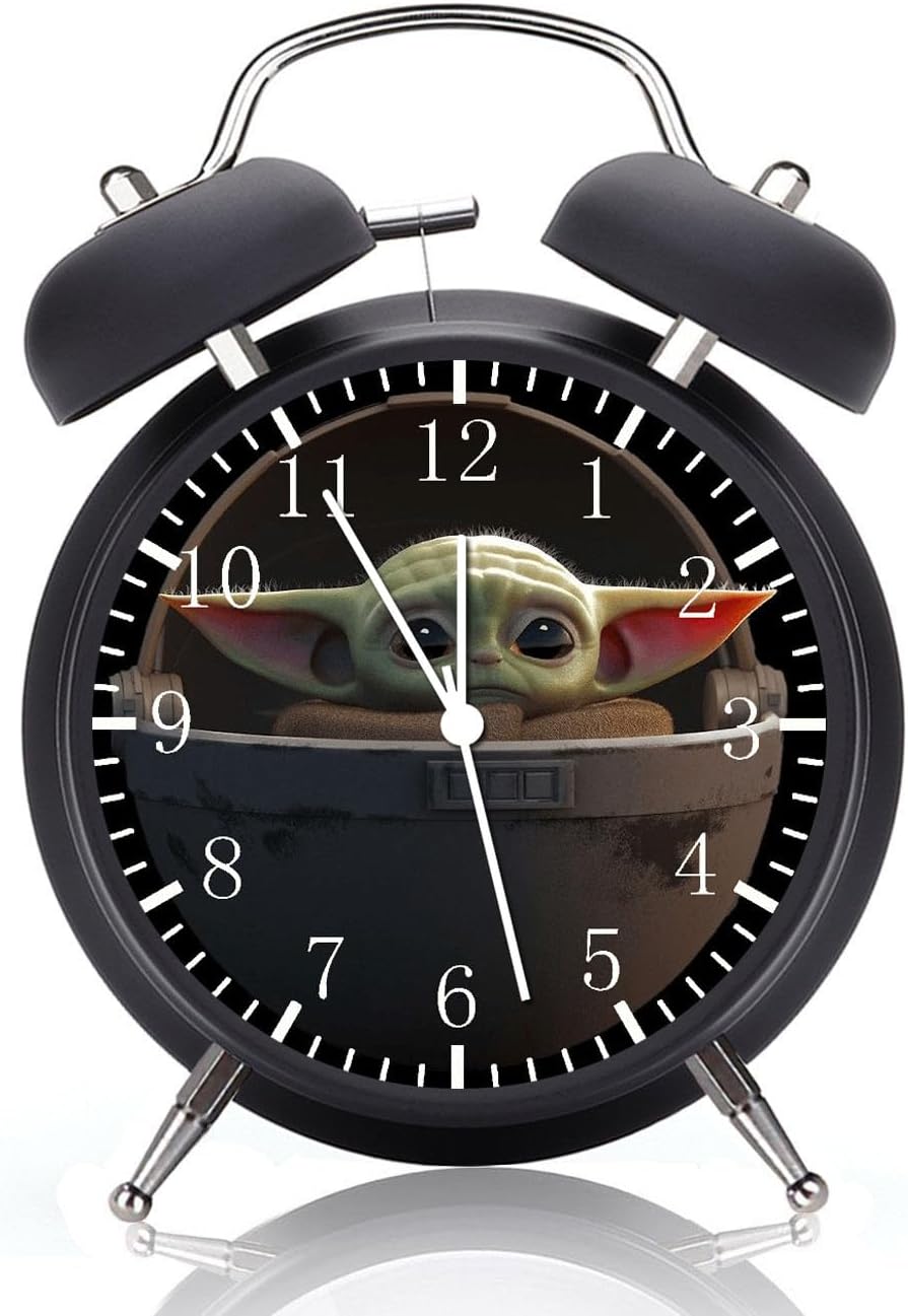 Alarm Desk Clock Yoda Twin Bell with Night Light Quite Silent Non-Ticking 4 Inches Glass Face - Great Decor or Gift Ideas G77, Black