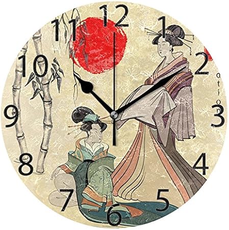 ALAZA Beautiful Japanese Geisha Girl Round Wall Clock, Silent Non Ticking Oil Painting Home Office School Decorative Clock Art