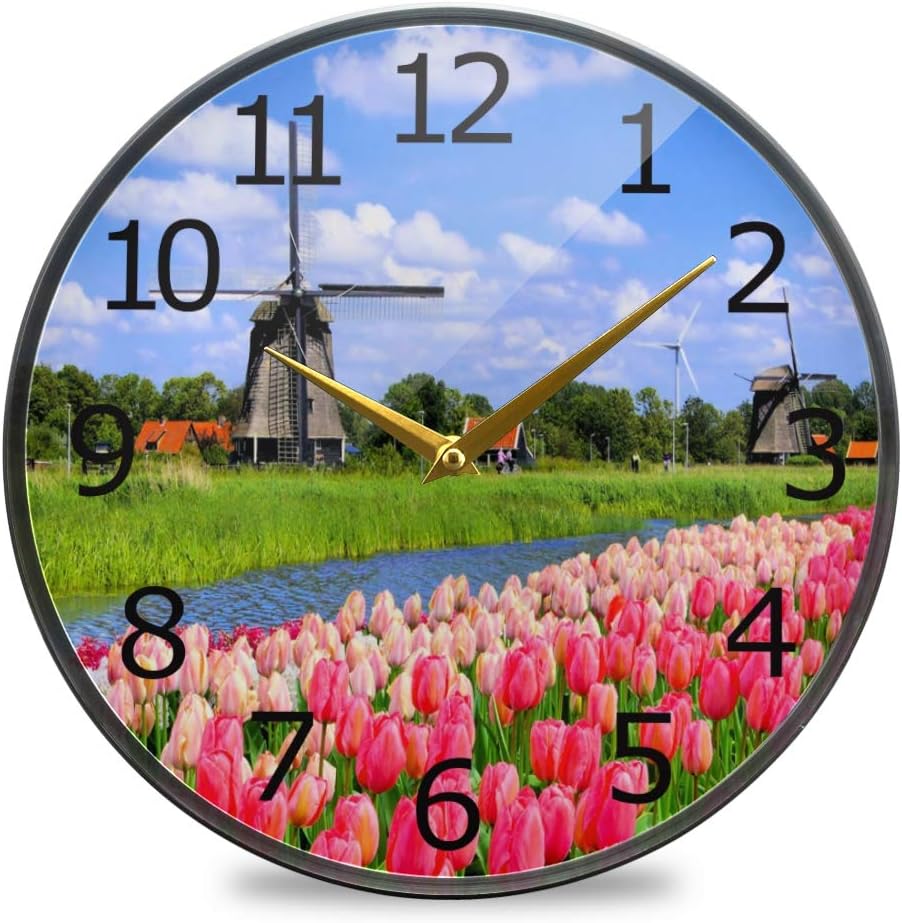 ALAZA Traditional Dutch Windmills Pink Tulip Netherlands Acrylic Painted Silent Non-Ticking Round Wall Clock, 9.5 Inch Battery Operated Quiet Desk Clock Home Art Bedroom Living Dorm Room Decor