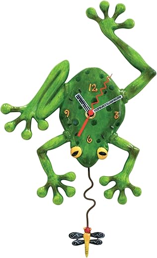 Allen Designs Enesco Frog Catching a Dragonfly Sculpted Pendulum Wall Clock, 14 Inch, Green