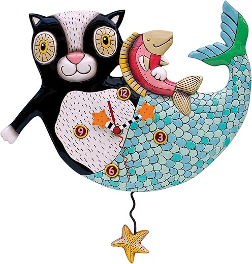 Allen Designs Enesco Mermaid Cat Mercat Holding a Fish Sculpted Pendulum Wall Clock, 12.5 Inch, Multicolor