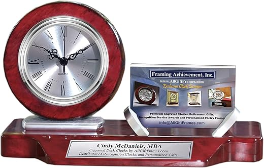 AllGiftFrames Desk Clock Business Card Holder Office Display Table Stand Desktop Home Case Silver Mahogany Wood Executive Organizer Men Woman Stand Promotion Gift Employee Boss Graduation Present