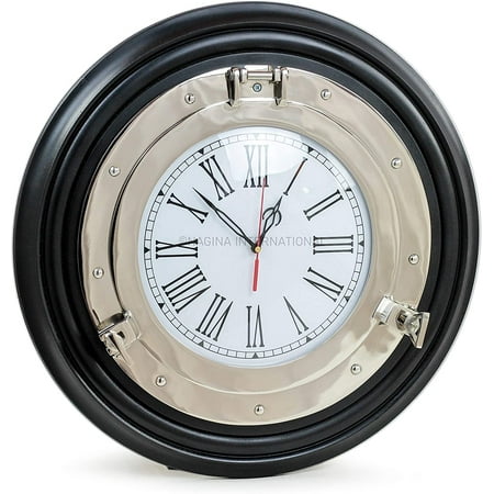 Aluminum Nickel Polished Porthole On Black Wooden Base - (16 Inches, Clock)