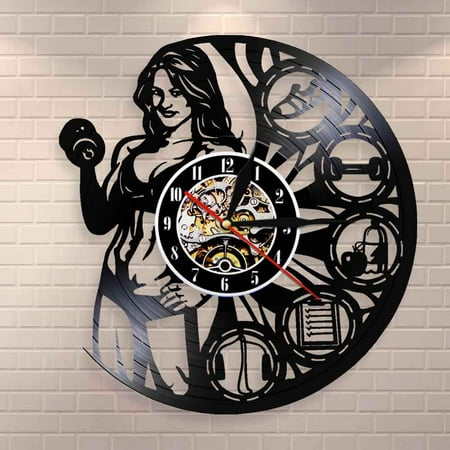 Amblelife Female Bodybuilder Weightlifting Wall Art Clock Muscletech Lady Builder Muscle Women Crossfit Workout Vinyl Record Wall Clock