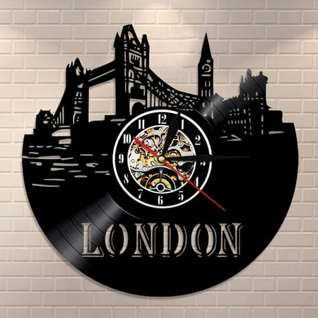 Amblelife London Skyline Wall Art Wall Clock England London Cityscape Vinyl Record Wall Clock England Big Ben Scenery Travel Gift Clock