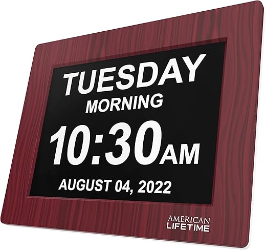 American Lifetime, Newest Version, Day Clock Extra Large Impaired Vision Digital Clock with Battery Backup and 5 Alarm Options, Premium Mahogany Color, 8 inch