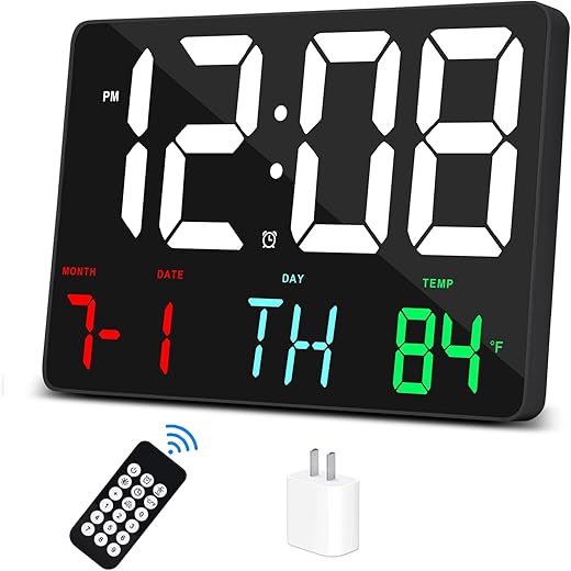 Amgico Digital Alarm Clock with Snooze, Temperature, Auto Dimming, 11.5" Large Display Calendar, Desk/Wall Clock for Bedroom, Living Room, Office, Home, Classroom, Kids, Elderly - Colorful