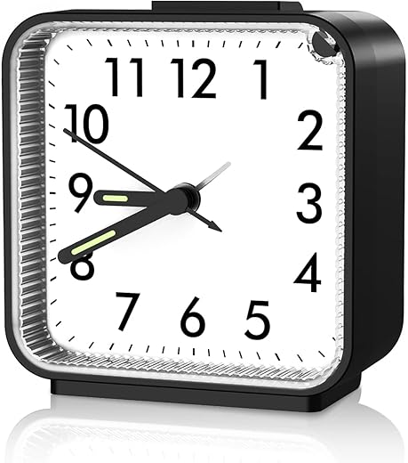 AMIR Analog Alarm Clock, Silent Non Ticking Small Clock, Travel Alarm Clock with Snooze & Light, Ascending Beep Sounds, Battery Operated Loud Alarm Clock for Bedroom, Bedside, Desk (Black)