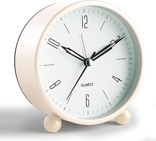 Analog Alarm Clock, 4 inch Super Silent Non Ticking Small Clock with Night Light, Battery Operated, Simple Design, Old Fashioned Style Cream Decor, for Bedroom, Bedside, Desk, Adult, Kid, Gift, White