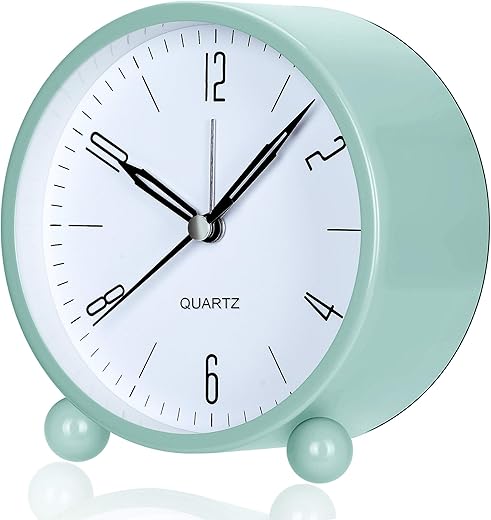 Analog Alarm Clock, 4 inch Super Silent Non Ticking Small Clock with Night Light, Battery Operated, Simply Design, for Bedroom, Bedside, Desk, (Green)