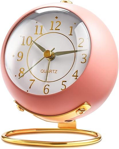 Analog Alarm Clocks for bedrooms,Small Desk Clocks,Night Light, Non-Ticking，Battery Powered,Silent Alarm Clock for Kids,Simple Design Desktop Alarm Clock. (Pink)