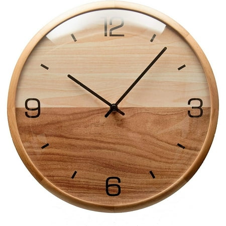 Analog Dome Glass Wall Clock,Pine Wood Frame,Silent Movement 12