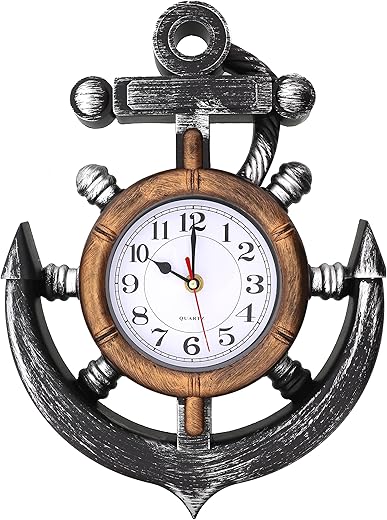 Anchor and Boat Wheel Wall Clock, Nautical Coastal Beach or Sea Theme Home Decor Silent, Non Ticking Sweep Movement