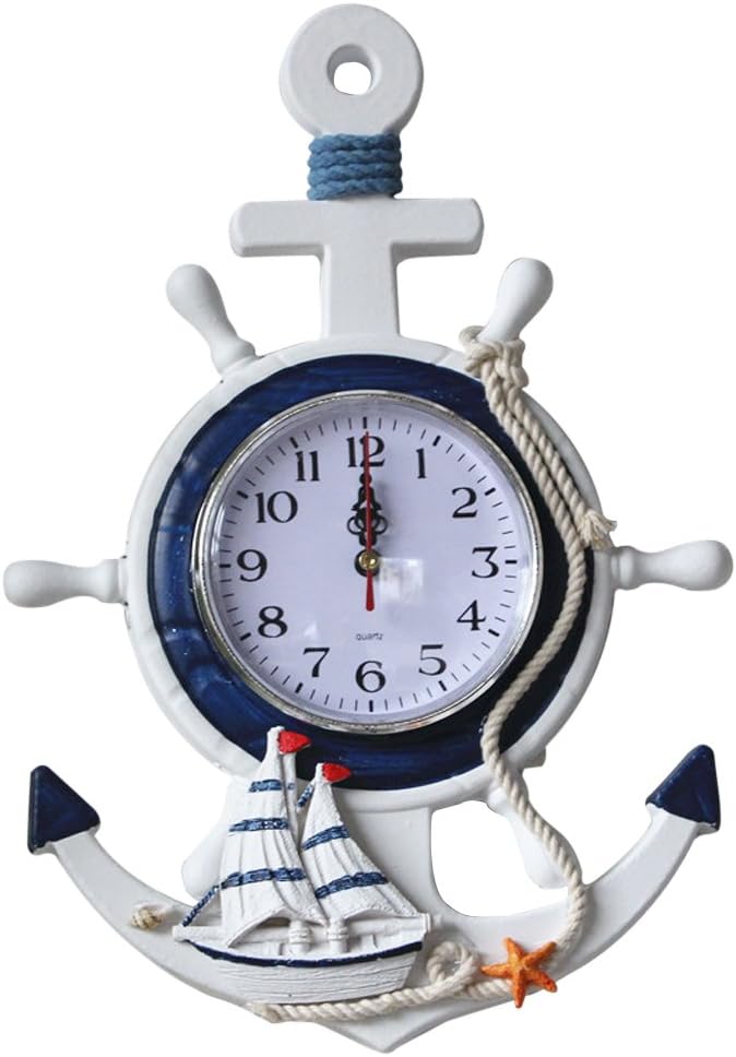 Anchor Clock Beach Sea Theme Nautical Wheel Rudder Steering Wheel Decor Wall Hanging Decoration