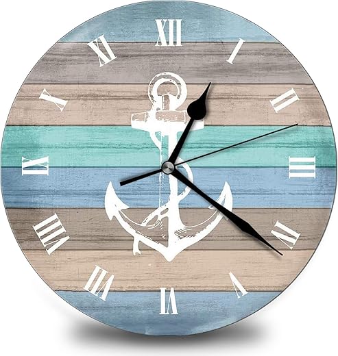 Anchor Navy Coastal Theme Home 14 Inch Silent Vintage Design Wooden Round Wall Clock Arabic Numerals Design Non Ticking Retro Clocks Home Decor Desk Clock