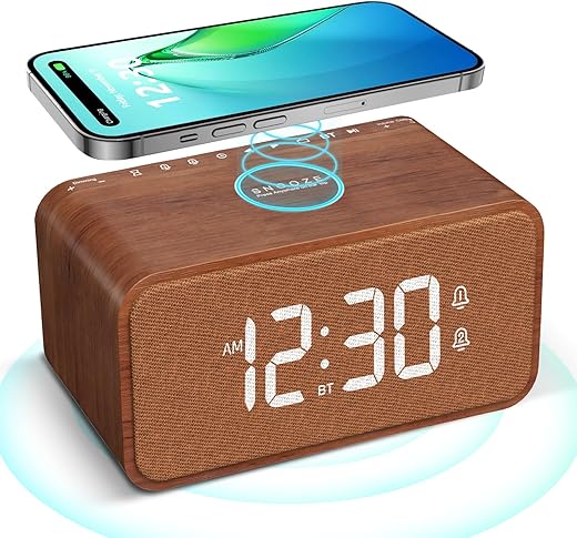 ANJANK Wooden Alarm Clock for Bedroom, Bluetooth Speaker with FM Radio, Wireless Charging Station for iPhone/Samsung, Dual Alarms, 0-100% Dimmer, Sleep Timer, Digital LED Clock for Desk, Office