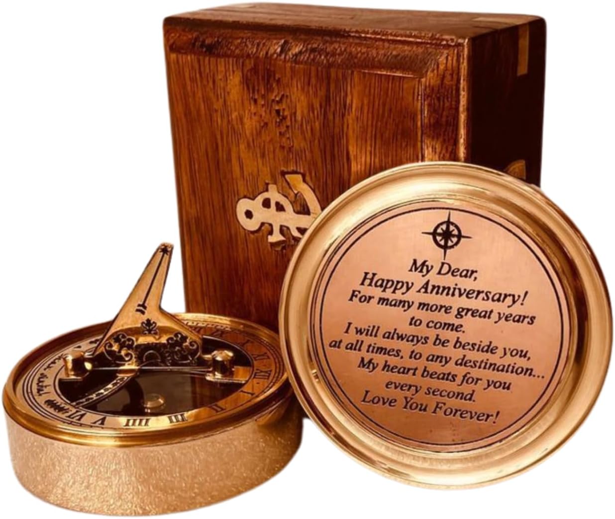 Anniversary Sundial Gift for Him or Her Sundial Clock Compass - Unique Gift for Husband or Wife, Men 1st Wedding Anniversary 50th 40th 25th 20th Year Celebration (Anniversary Sundial Wood Box)