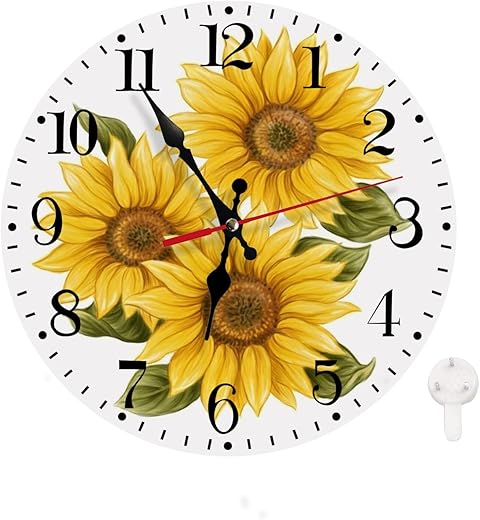 Ansouyi Round Wall Clock Battery Operated Clocks Wallclock 10 Inch,Yellow Sunflowers on White Silent Non Ticking Wall Clock for Living Room,Kitchen,Home,Bathroom,Bedroom,Office or School