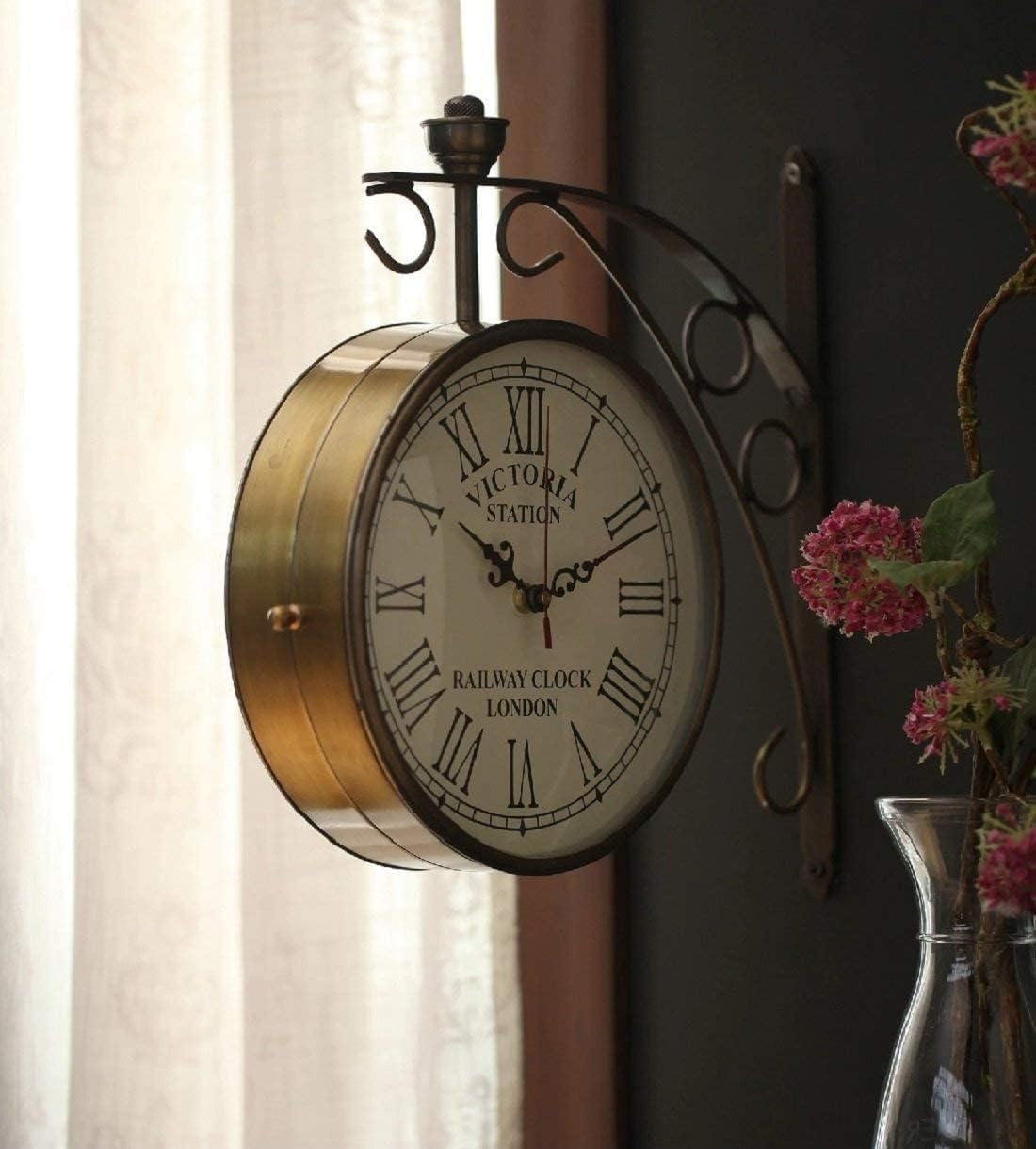 Antique Brass Victoria Station Clock Double Sided Clock Vintage Railway Clocks (8 INCH), Black Finish