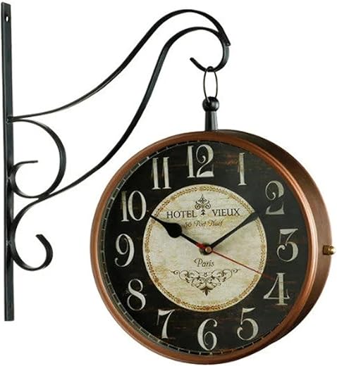 Antique Brown Metal Analog Railway Clock, Wall Hanging Clocks, Wall Decor, Double Sided Clock for Wall, Two Phase Clock for Wall Deco, 12.Inches