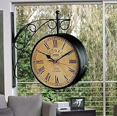 Antique Victoria Station Double Sided Railway Black Powder Coated Clock Functional Clock for Home and Office Decor | Coated for Clasy and Vintage Look | 8 Inch Clock with Wall Mount