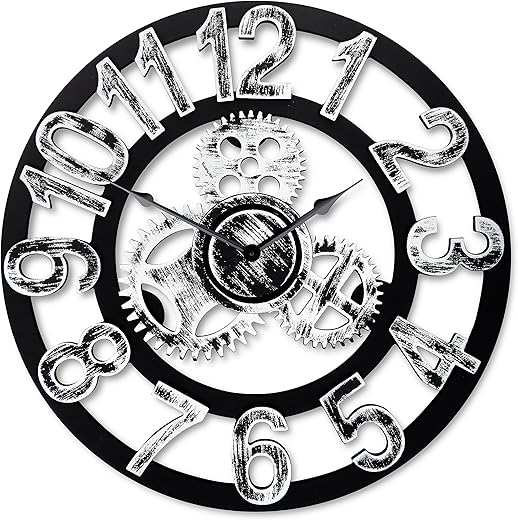 Antique Vintage 16 Round Wall Clock, Wooden Handmade 3D Gear Design (Silver with Numbers)