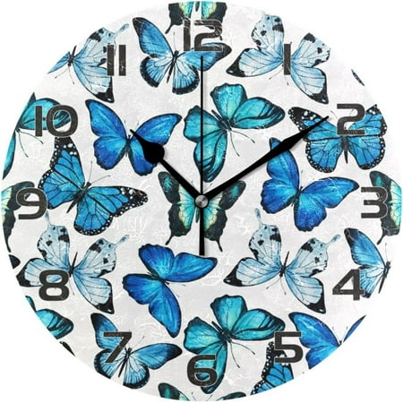 ANYWAY.GO Blue Butterfly Wall Clock, Round Silent Wall Clock, 9.84 inches, Home Decor, for Living Room, Kitchen, Bedroom