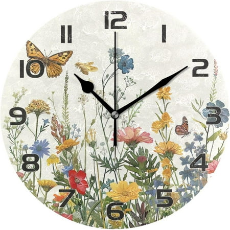 ANYWAY.GO Doodle Flower and Butterfly Pattern Wall Clock, Round Silent Wall Clock, 9.84 inches, Home Decor, for Living Room, Kitchen, Bedroom