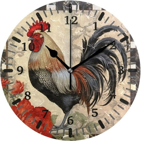 ANYWAY.GO Vintage Rooster Silent Non-Ticking Wall Clock,10 Inch Battery Operated Round Easy to Read Modern Wall Clock for Kitchen Bedroom Living Room Decorative