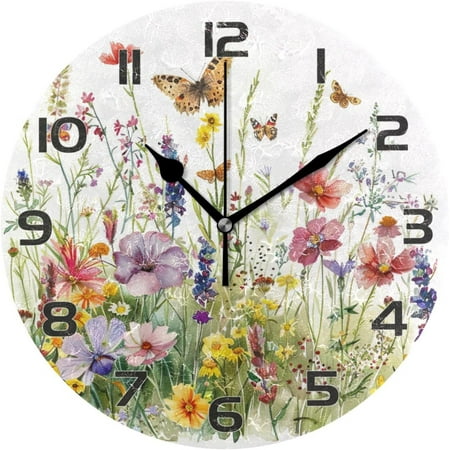 ANYWAY.GO Watercolor Flower and Butterfly Pattern Wall Clock, Round Silent Wall Clock, 9.84 inches, Home Decor, for Living Room, Kitchen, Bedroom