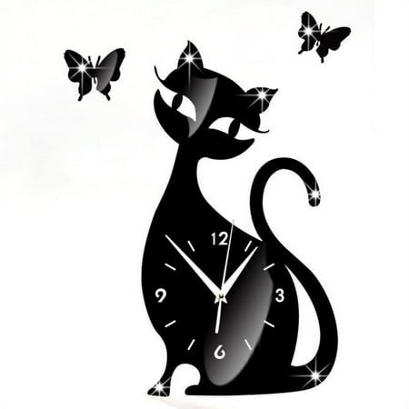 Aoorsake Wall Clock Cute Cat Butterfly Mirror Black Wall Clock Modern Design Home Decor Watch Wall Sticker Alarm Clocks for Bedrooms Wall Decor (Clearance) 12.6*12.6*2Inch