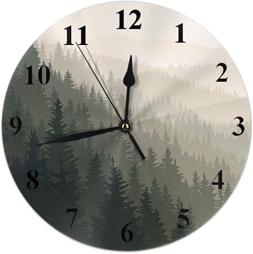 AOYEGO Forest Wall Clock Nature Tree Fog Valley Spruce Scene Mist Mystery Dusk Mountain Landscape Round Clocks Wall Decorative Silent No Ticking 10 inch 25cm PVC Rustic Modern for Bedroom