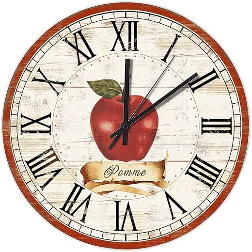 Apple Red Edge Design Wall Clock Silent Non-Ticking Decorative Wall Clocks Battery Operated 10 Inch for Home Living Room Kitchen Bedroom