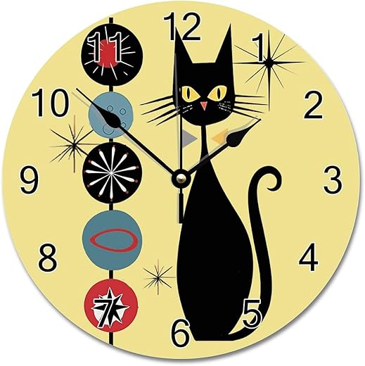 ArogGeld Black Cool Cat Wall Clock 10 Inch Retro Atomic Era Mid Century Battery Operated Non-Ticking Vintage Farmhouse Wood Large for Living Room Kitchen Bedroom Decor, Multicolor (qx554h4r4m8v)