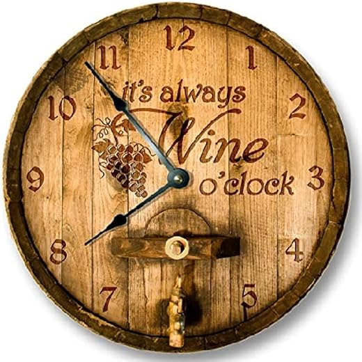 ArogGeld Its Wine O'clock Wall Clock Cask lid Printed Wood Clock Vintage Silent Non 10 Inch Quality Battery Operated Round Easy to Read for Home Kitchen Room Bedroom Office