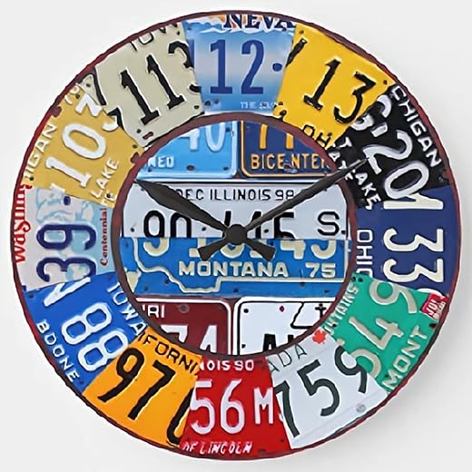 ArogGeld License Plate Wall Clock Vintage Numbers Car Tag Art Clocks Decor 15 Inch Battery Operated Large Decorative Silent Round Wood Hanging for Bedroom Living Room, One Size