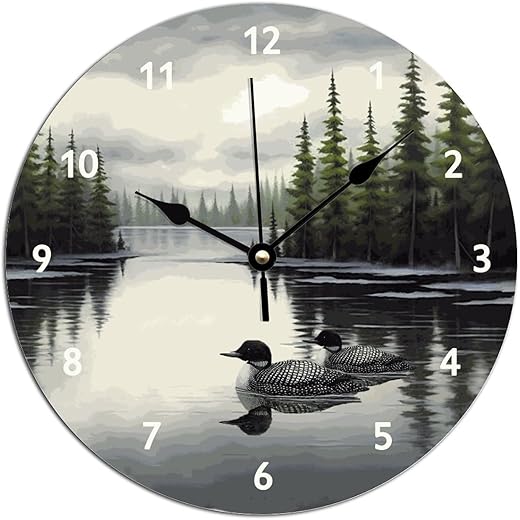 ArogGeld Loon Rustic Bedroom Clock Lake Time Duck Wooden Decorative Wall Clock Silent Non-Ticking Battery Wood Wall Clocks for Dinning Living Room 15x15in Birthday Housewarming Gift to Friend