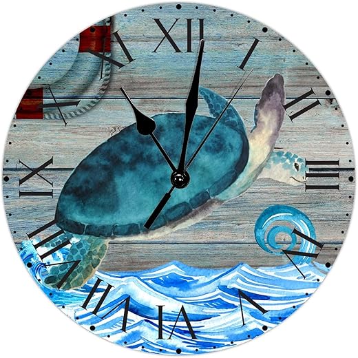 ArogGeld Mid Century Sea Turtle Life Buoy PVC Clock Ocean Wave Hanging Clock with Roman Numerals Summer Beach 8.8in Silent Non-Ticking Vintage Nautical Large Wall Clock Decorative for Office Decor