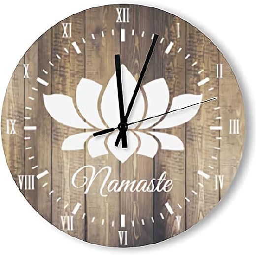 ArogGeld Namaste Flower Wall Clock Wood Planks Yoga Clocks Wall Decor 15 Inch Battery Operated Decorative Wall Clock Silent Round Wood Wall Clock Hanging Clocks for Bedroom Decor Living Room Clock