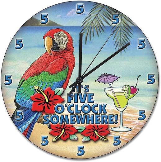 ArogGeld Painted 5 O'Clock Somewhere Wall Clock Parrot Beach Wooden Wall Clocks Battery Operated 15 Inch Quiet Non-Ticking Farmhouse Hanging Clock Modern Wall Decor for Kitchen Bedroom Living Room